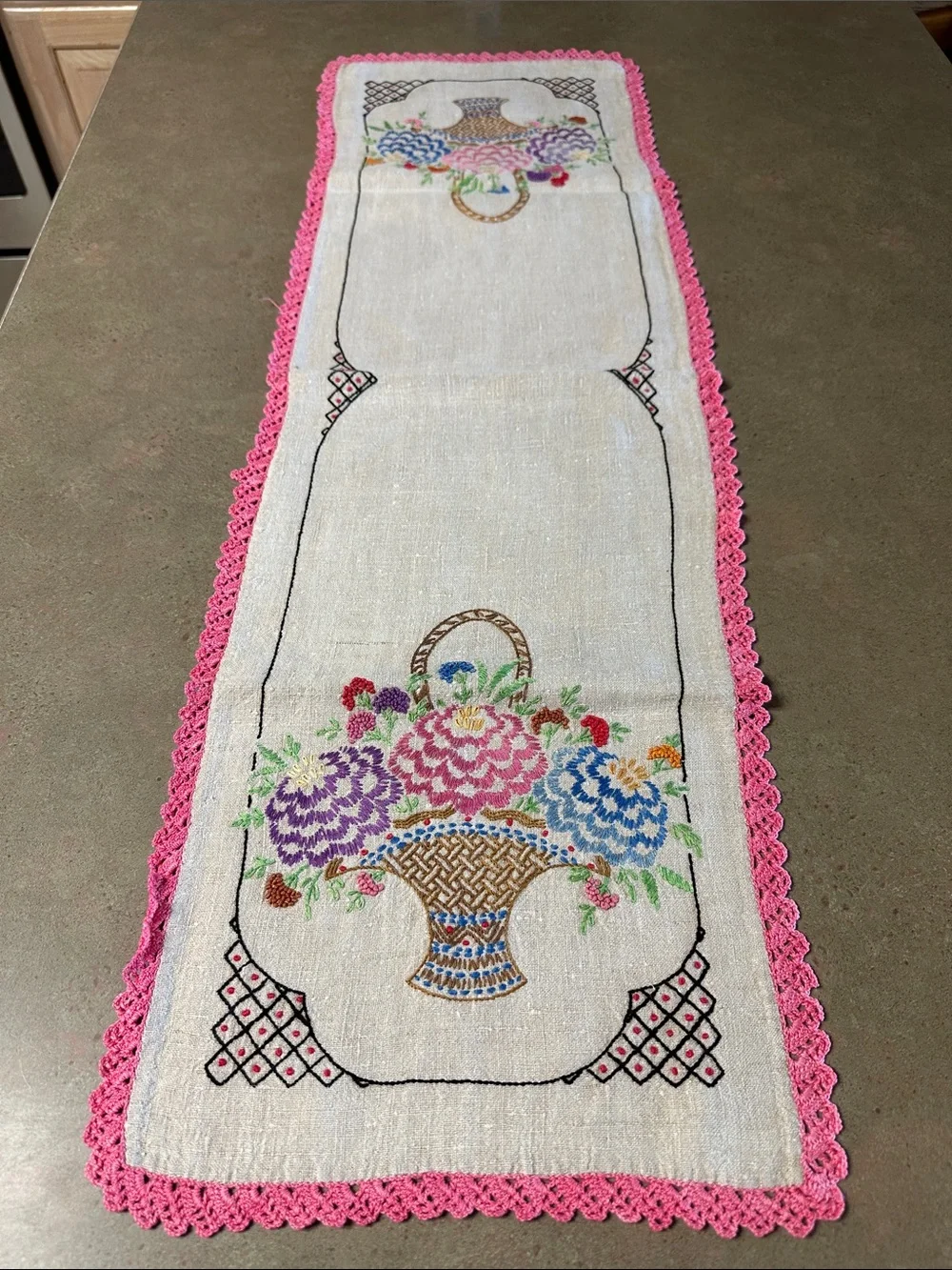 Vintage Hand-Embroidered Linen Floral Basket Table Runner - Pink Trim 38”